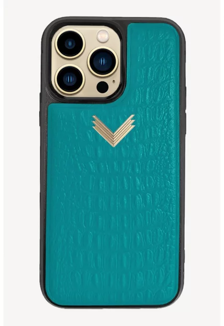 Кожен калъф за Iphone 13 Pro Max - Златист/Аквамарин син