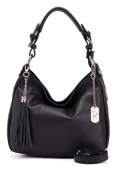 Кожена чанта Хобо Fiorella с джобове с цип - Черен