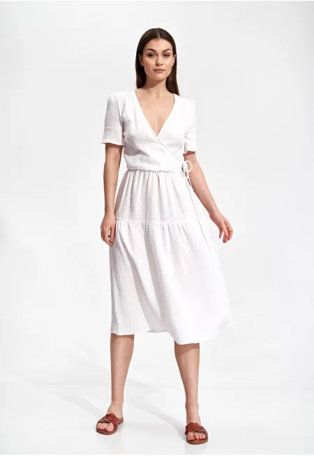 Midi рокля  100% памук - бяла - минималистичен дизайн - къс ръкав