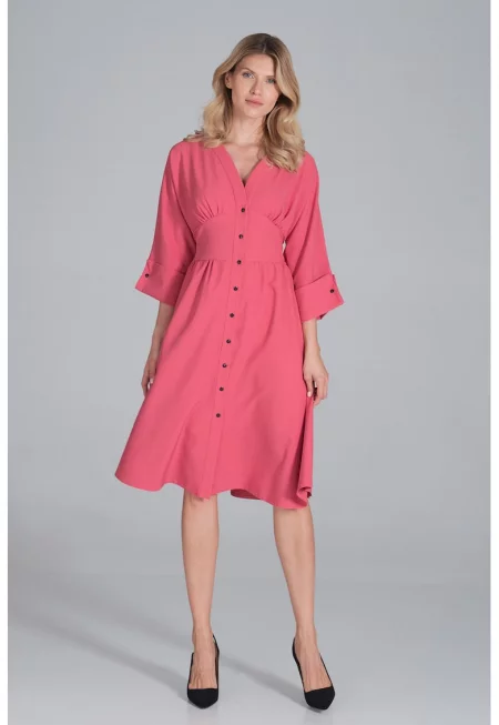 Миди рокля  M843 - розов - с копчета - 3/4 ръкави - полиестер -