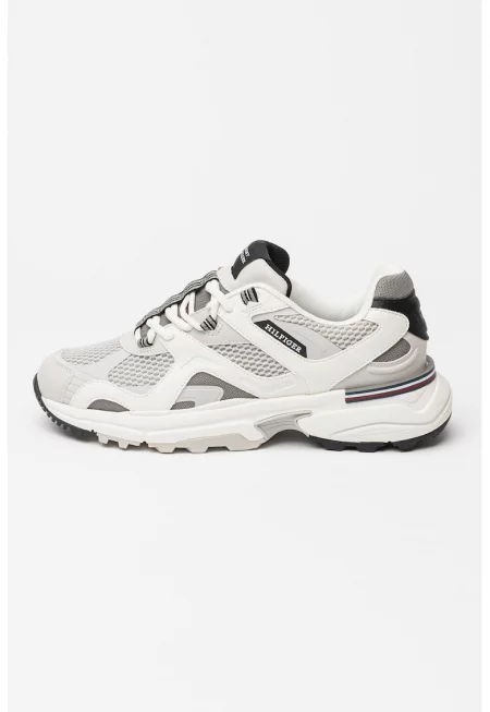 Мрежести спортни обувки с еко кожа - Избеляло черно/Бял/Tъмносив