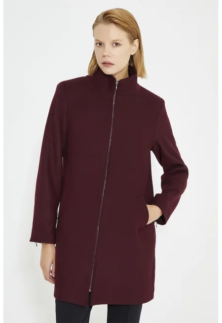 Палто с цип и ниска яка - Бордо