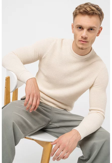 Памучен пуловер с овално деколте - Крем