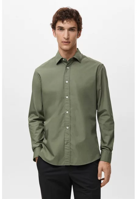 Памучна риза с копчета на маншетите - Маслинено зелено