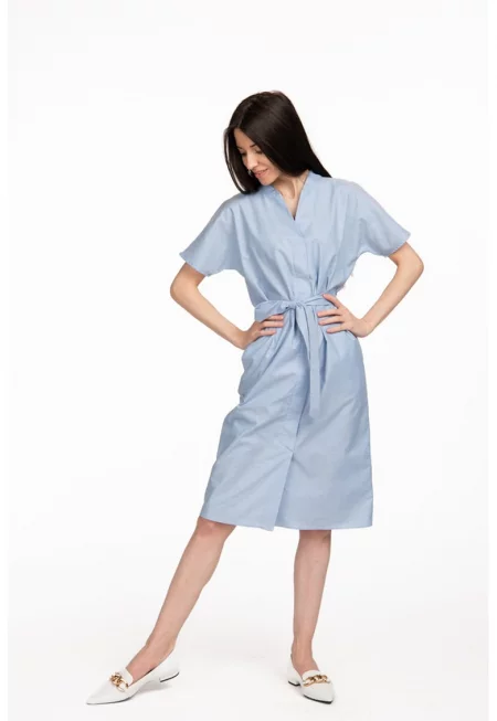 Памучна рокля Michaela с джобове встрани - Светлосин
