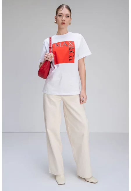 Памучна тениска с лого - Червен/Бял