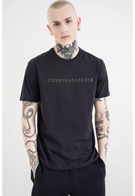 Памучна тениска с надписи - Тъмносин