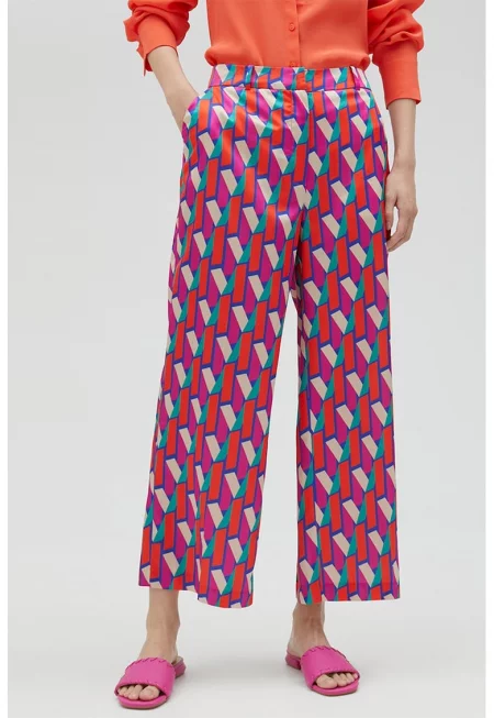 Панталон с принт и еластична талия - Мандарина/Светлосин/Син