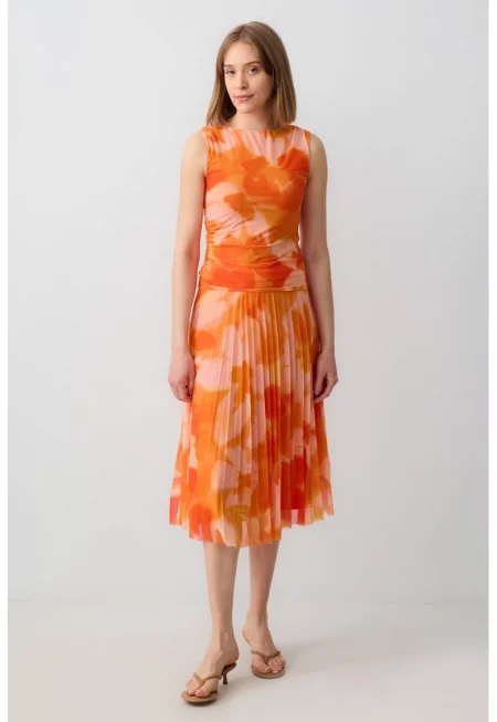 Плисирана пола с принт - Оранжев/Бледо розово