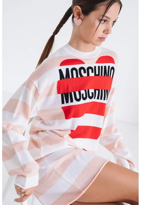 Права вълнена рокля на райе - Червен/Бял/Праскова