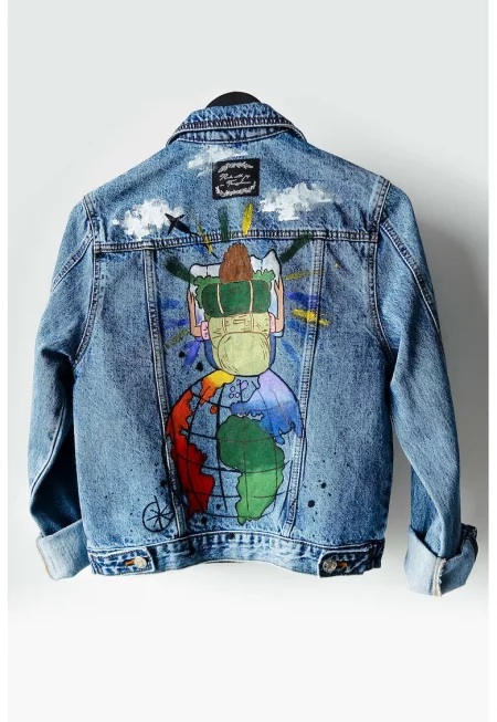 Ръчно рисувано дънково яке - Бял/Зелен/Тъмносин