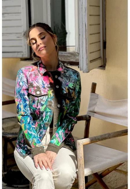 Ръчно рисувано дънково яке с джобове с капаче - Зелен/Кафяв/Розово