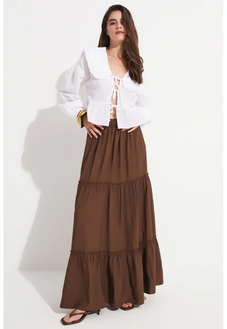 Разкроена дълга пола - Тъмнокафяв
