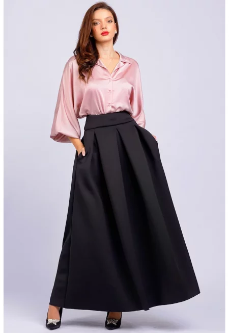 Разкроена пола с висока талия и джобове - Черен