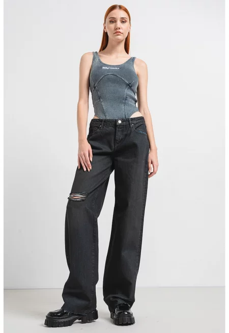 Рипсено боди с лого - Прашно синьо