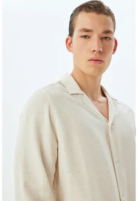 Риза с лен с дълги ръкави - Слонова кост