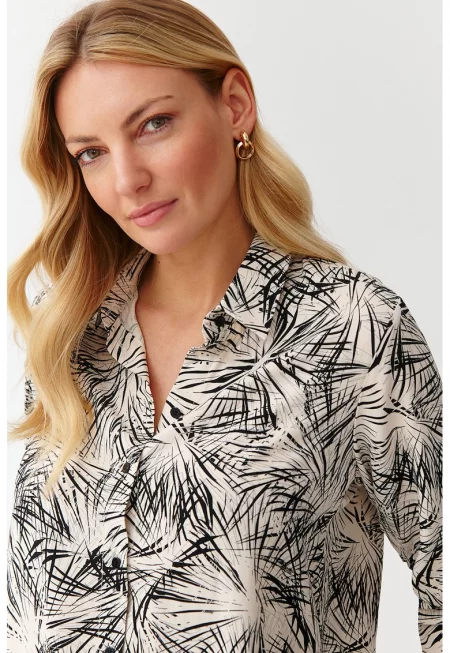 Риза с принт и широка яка - Слонова кост/Черен