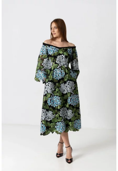 Rochie midi eleganta cu broderie florala si decolteu Bardot - Многоцветен