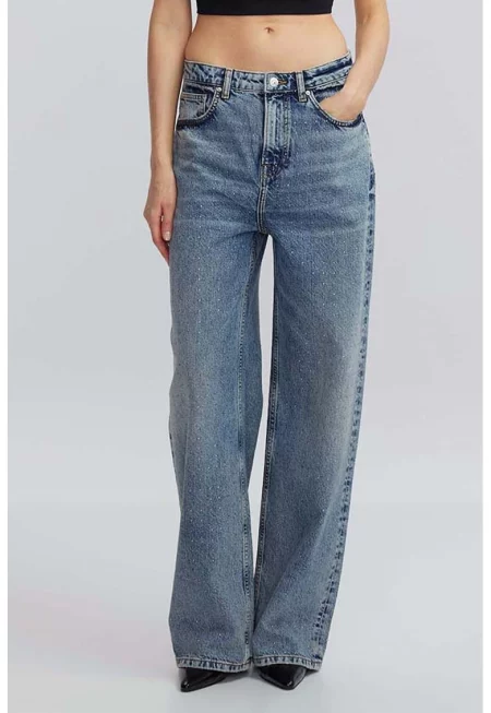 Широки дънки с брокат - Светлосин меланж