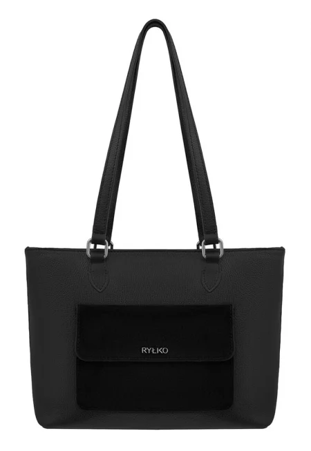 Шопинг чанта от кожа и велур - Избеляло черно