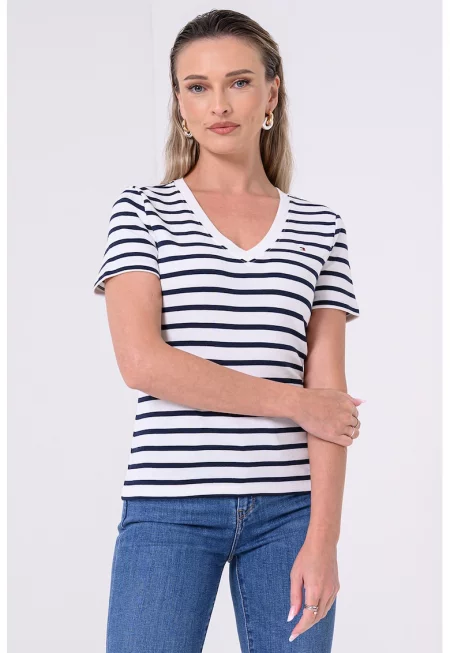 Слим тениска Cody с шпиц - Бял/Тъмносин