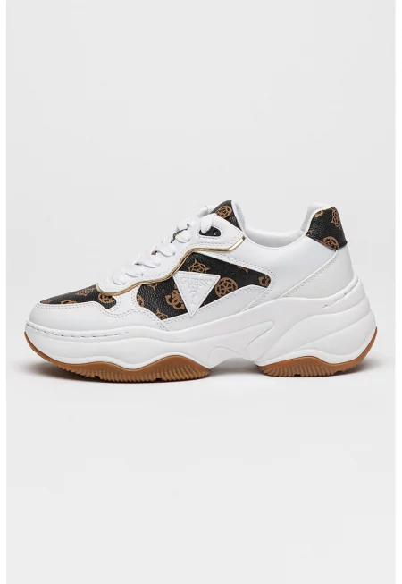 Спортни обувки от еко кожа с лого - Бял/Златист/Тъмнокафяв