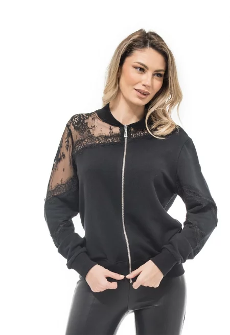Суитшърт Lola с цип и дантела
