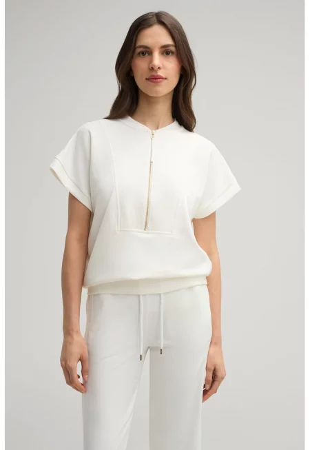 Тениска с ластик на талията и цип - Крем