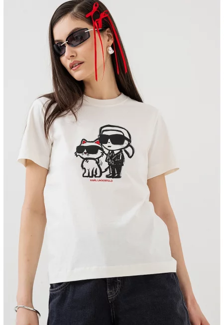 Тениска с шарка и овално деколте - Бял