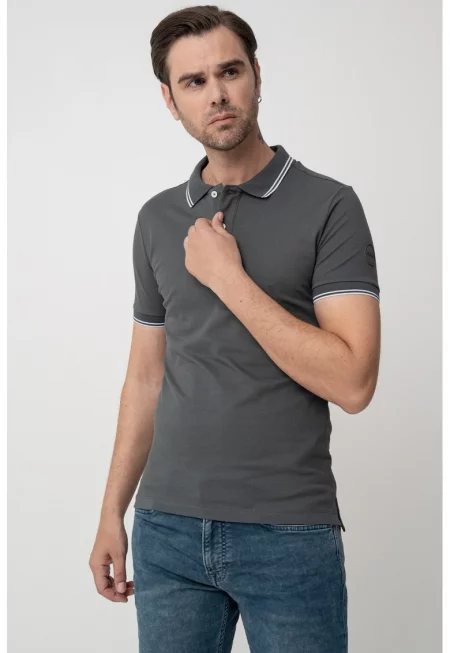 Тениска с яка и ивици - Бял/Антрацитно сиво