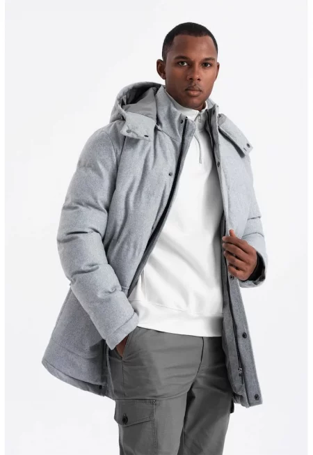 Ватирано зимно яке с вълна с качулка - Светло сив