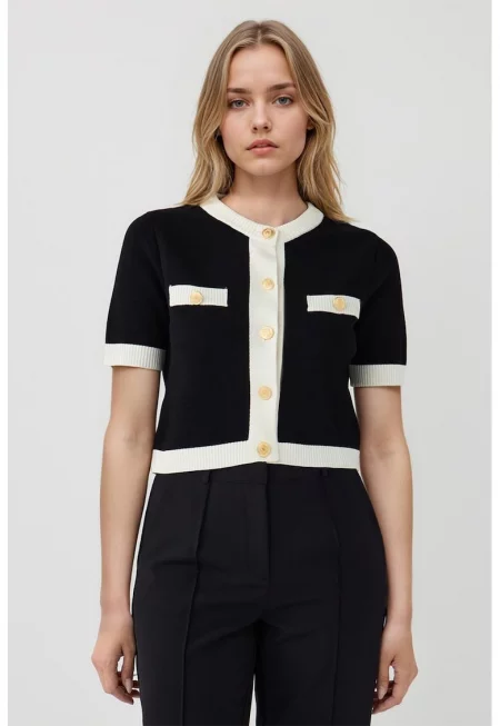Жилетка с къси ръкави и копчета - Слонова кост/Черен