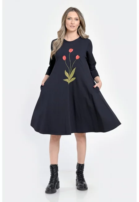 888146142-Дамска средна рокля - Широка - Черна с ръчно изрисуван мотив V304