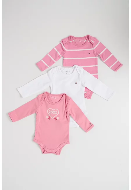Боди с дълги ръкави и бродирано лого - 3 броя - Бял/Розово