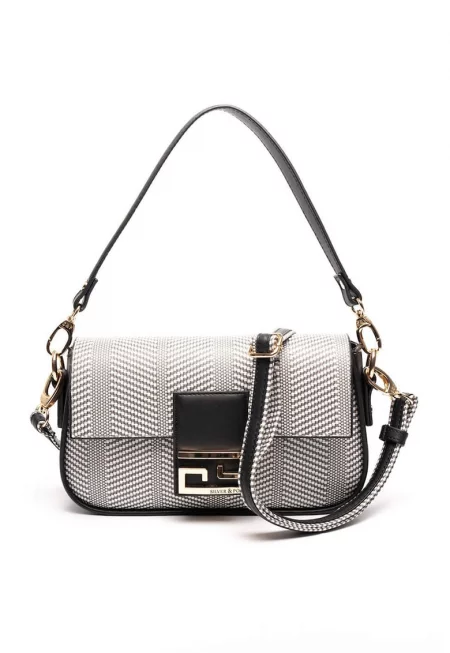 Чанта за рамо от еко кожа с капаче - Черен/Бял