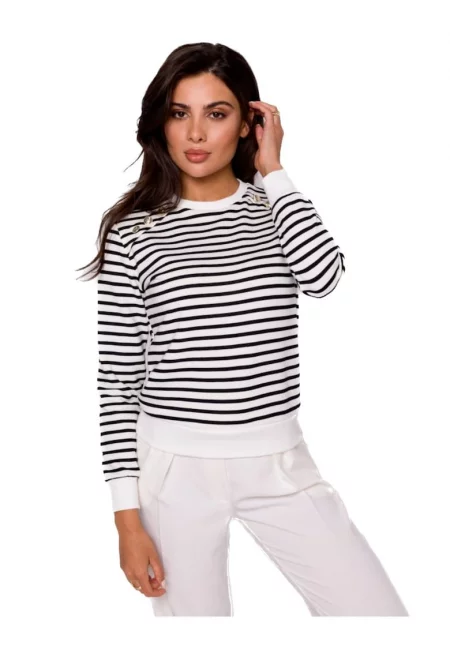 Черно бяла дамска тениска с дълъг ръкав  Elaice B251 - Бял