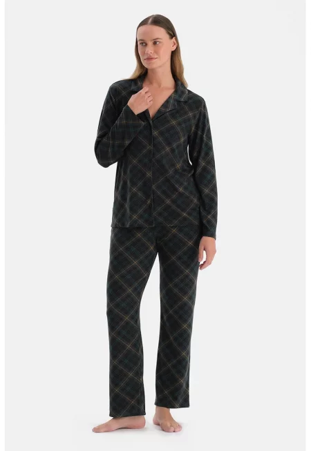Дълга пижама с каре - Черен