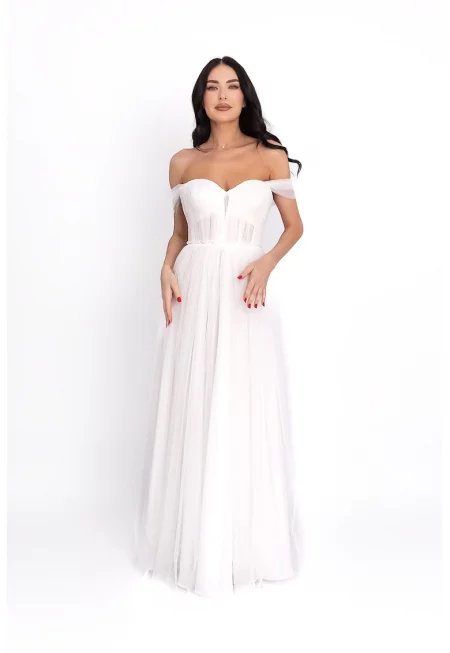 Дълга рокля с тюл - Бял