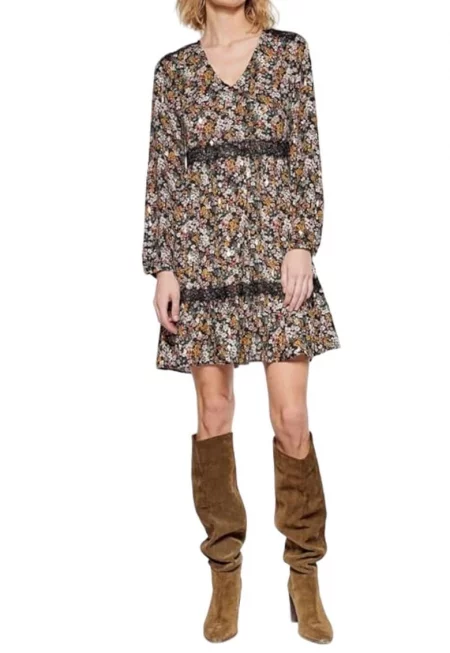 Дамска рокля с флорален принт  дълъг ръкав - многоцветна - полиестер -