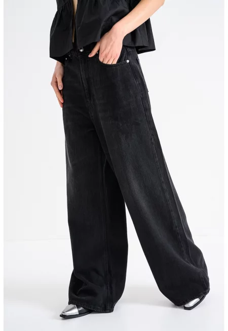 Дънки с широк крачол и висока талия - Избеляло черно