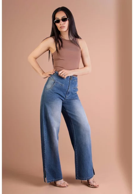 Дънки с широк крачол с висока талия и цепки встрани - Син -