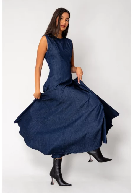 Дънкова рокля с джобове Тъмно синьо 18042