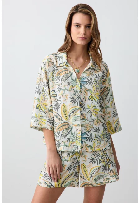 Флорална риза с къси ръкави - Многоцветен