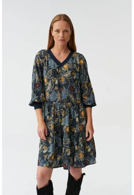 Флорална рокля с шпиц - Бордо/Жълт/Син