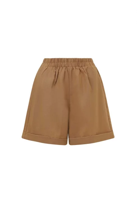 Къс панталон с лен с еластична талия - Карамел -