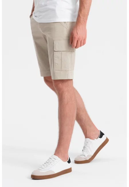 Къс панталон с памук с джобове - Крем