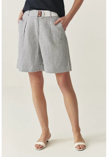 Къс раиран панталон с лен - Черен/Бял