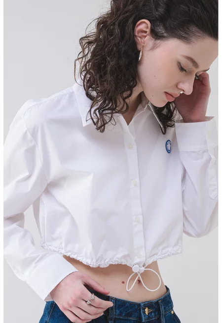 Къса памучна риза Emma - Бял/Син