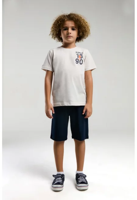 Комплект с лого и фигурален принт - Мандарина/Мръснобял/Тъмносин