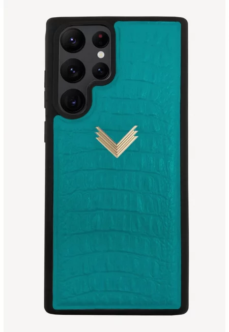 Кожен калъф за телефон Samsung S22 Ultra - Златист/Аквамарин син